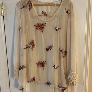 Belle France Women's Silk Embroidered Crochet Lace Flowy blouse top size Large